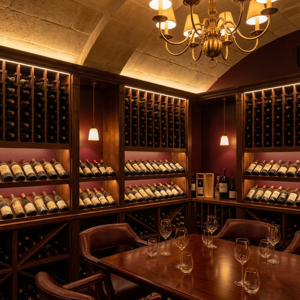 Premium wine cellar with aged bottles and elegant lighting
